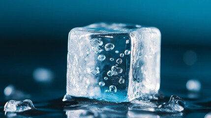 Macro shot of melting ice cube with air bubbles trapped inside reflecting light in high detail, super macro shot 