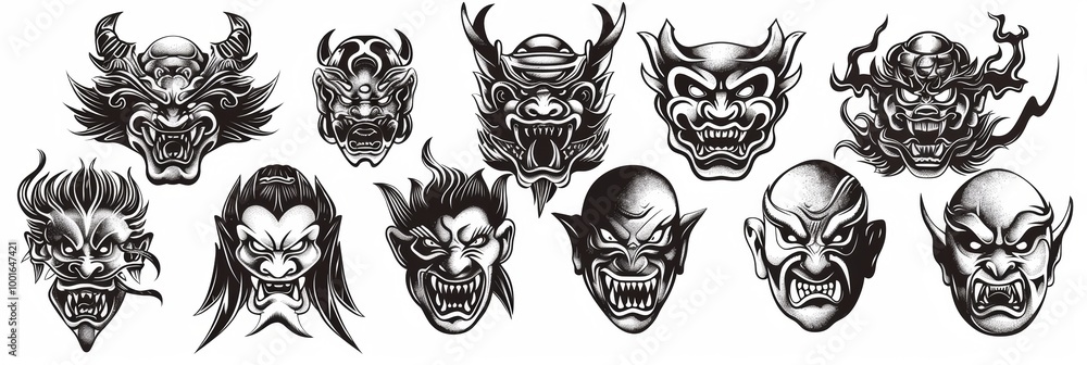 Wall mural a set of japanese oni mask line art vector illustration logo design, multiple views, white background, black ink, vector artwork by Leonardo da Vinci, tattoo style