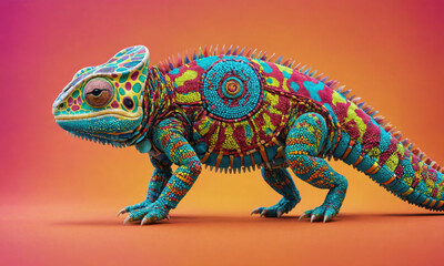Obraz premium A colorful chameleon stands on an orange background