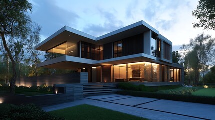 Modern luxury home with large windows and glass doors, surrounded by trees and greenery at dusk