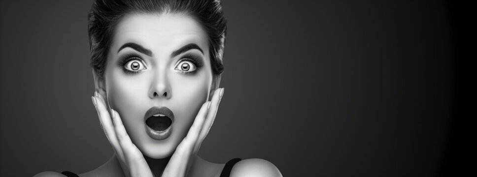 Wide banner with nervous woman with surprised expression on her face. Studio model black and white portrait at simple background. Shocked girl for black friday sale announcement or shop promotion