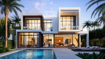 Fototapeta premium Modern luxury villa with swimming pool and palm trees