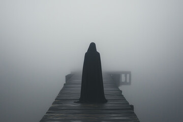 A man standing on bridge in the fog