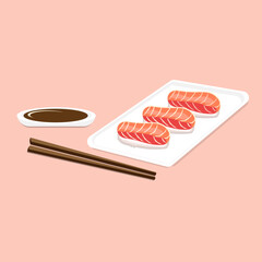 Illustration of Fresh Sushi with Chopsticks and Soy Sauce