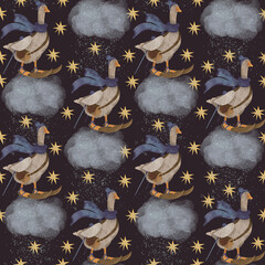 seamless watercolor pattern on christmas new year theme with goose on skis and snow