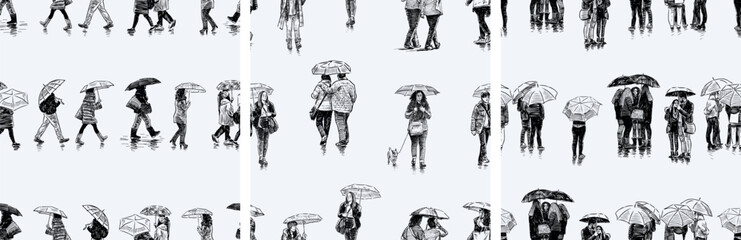 Seamless patterns of sketches casual citizens crowd under umbrellas in raining, realistic hand drawings, baclgrounds, wallpaper, paper, vector illustration