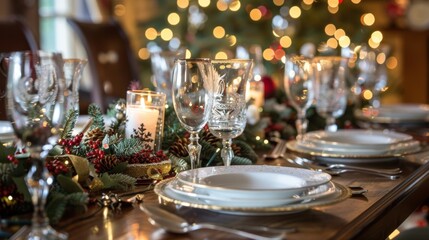A beautifully set dining table adorned with festive decorations for a joyful holiday celebration at home during Christmas