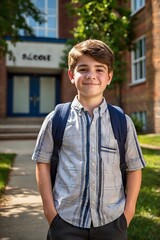 a college boy with a backpack and a book with a smile on his face.