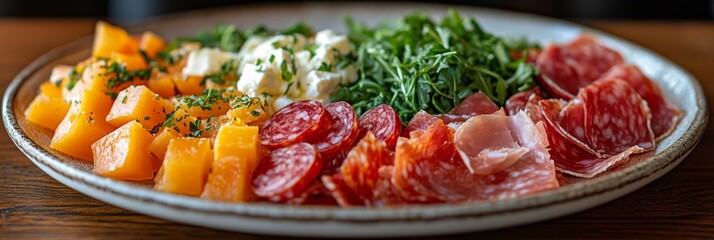 Platter featuring salami, prosciutto, and fresh cheese as traditional appetizers.