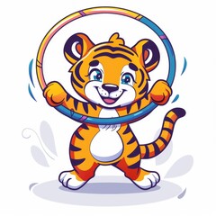 Cute tiger Playing Hula Hoop Cartoon Vector Icon Illustration