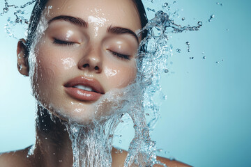Fashion commercial advertisement. Radiant natural skin woman with water splashing pouring down her face for facial wash skincare ad, blue background 