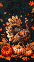 Autumn turkey with pumpkins and vibrant fall leaves