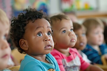 Obraz premium A young child with curly hair is looking up at something, generative ai image