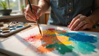 Artist painting a colorful abstract on canvas with a brush in a bright studio