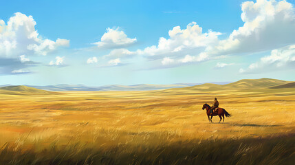 Vast mongolian steppe, lone horseman, endless grasslands the vast grasslands stretch endlessly beneath the horseman riding alone. Mongolian Steppes. Illustration