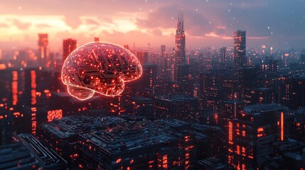 A glowing microchip brain in a futuristic city skyline during twilight, symbolizing progress and technological evolution in modern society.