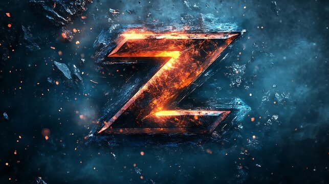 Fiery letter Z with debris exploding on dark blue background