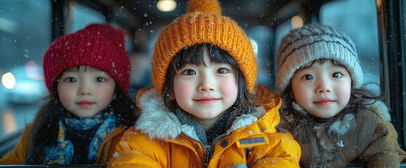 Three Children Wearing Winter Hats Look Out of a Window