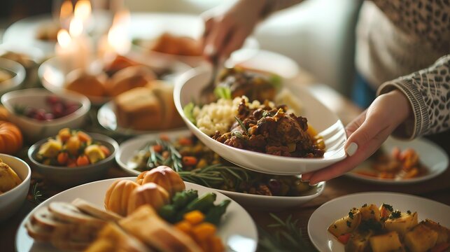 Close-up of hands passing dishes at a Thanksgiving table filled with delicious food. Concept of festive gatherings, family celebration, and holiday meals - Powered by Adobe