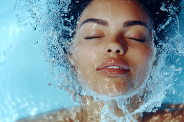 Fashion commercial advertisement. Radiant natural skin woman with water splashing pouring down her face for facial wash skincare ad, blue background 