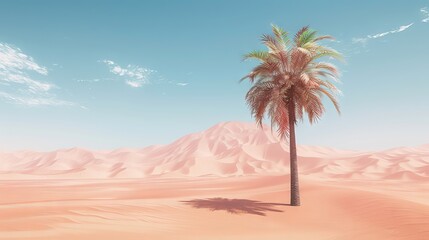 Lone Palm Tree in Desert Landscape Under Clear Blue Sky. Concept of Solitude, Natural Beauty, and Arid Climate. Copy space
