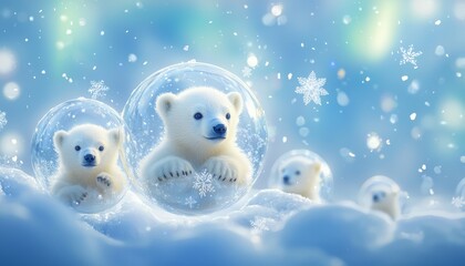 Obraz premium Chubby Polar Bear Cubs Floating in Snow Globes