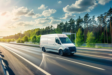 A white van is driving down a road with trees in the background.,