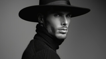 Elegant Man in Wide Brimmed Hat on Grey Background. Concept of Classic Fashion, Confidence, Timeless Elegance, Vintage Style, Masculinity. Black and White, Minimalist Style
