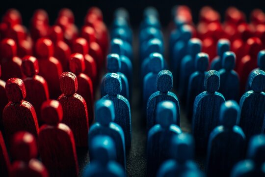 Red and blue wooden figures facing each other in contrast, representing the opposing sides in American politics or ideologies.