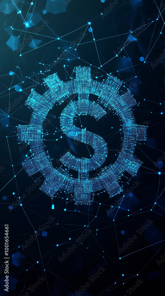 Poster dollar sign forming a gear shape made of connecting lines and dots over a dark blue background