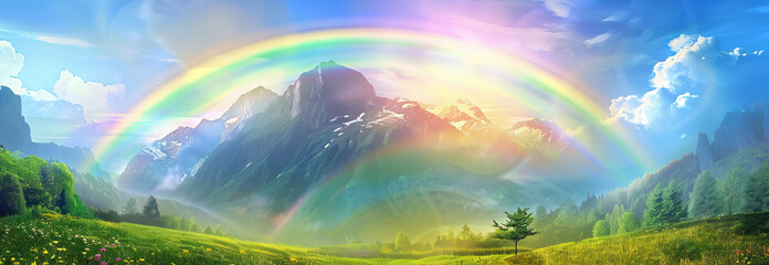Obraz premium Mountain with Colorful Rainbow in Cloudy Sky Over Field on a Sunny Day. Concept of Natural Beauty, Tranquility, and Outdoor Adventure. Digital art. Banner