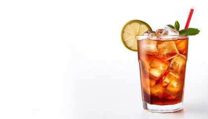Long Island ice tea, is an IBA official cocktail, typically made with vodka, tequila, light rum, triple sec, gin, and a splash of cola. Despite its name it does not contain iced tea. Isolated in white