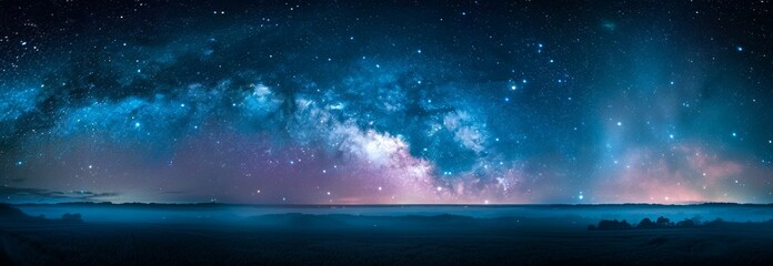 Beautiful Milky Way Galaxy Across Starry Night Sky Above Misty Forest Landscape. Concept of Cosmic Exploration, Nighttime Tranquility, Stargazing Adventure. Banner