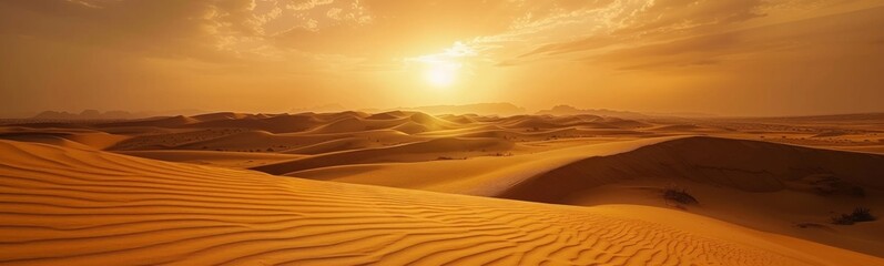 Stunning Sunrise over Golden Sand Dunes in a Desert Oasis. Concept of natural beauty, serene landscapes, and tranquil morning views. Banner
