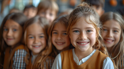 Fototapeta premium Happy group of young girls smiling in a classroom setting, dressed in casual autumn outfits, creating a joyful and friendly atmosphere