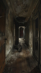 Spooky abandoned house hallway featuring dimly lit wooden floorboards, cobwebs, and eerie open doors. Concept of Halloween, horror, haunted mansion, mystery, scary atmosphere, abandonment. Vertical