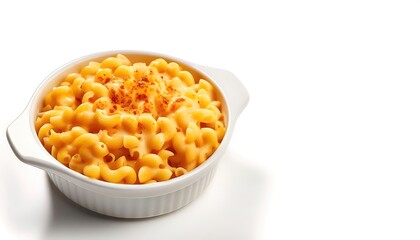 Macaroni Mac and cheese usually with cheddar sauce cheese is usually put in a casserole and baked in the oven or prepared in a sauce pan on top of the stove or using a packaged mix. Isolated on white