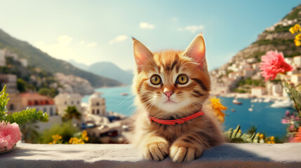 Obraz premium cute kitten on vacation pet travel