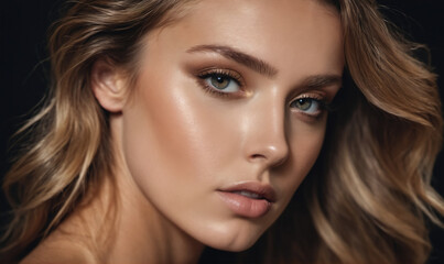 Obraz premium A woman with long, wavy brown hair looks directly at the camera with a soft expression