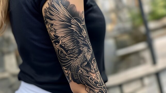Close up of a woman's arm with a detailed black and white bird tattoo. Blackwork style tattoo.