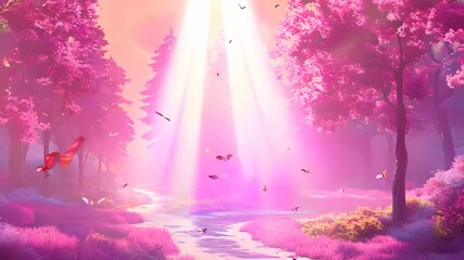 Enchanted forest with pink trees and magical sunlight rays shining down on a serene river landscape
