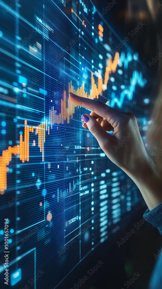 Leinwandbilder businesswoman is analyzing financial data on a digital screen, using a futuristic interface with cha