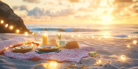 Romantic beach picnic setup at sunset with soft pastels, plates, and a basket, overlooking a tranquil ocean, creating a peaceful, dreamy atmosphere, copy space, selective focus


