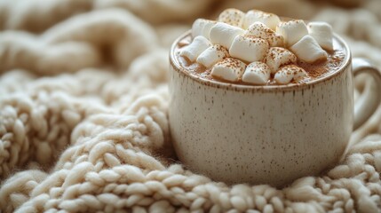 Close-up of hot cocoa topped with marshmallows in a ceramic cup on a soft knitted blanket. Cozy winter concept