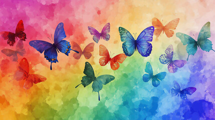 Colorful Watercolor Butterflies on Rainbow Background