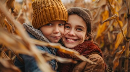 Obraz premium Mother and her child navigating through a tall corn maze, laughing as they try to find their way out on a crisp autumn afternoon , woman and kid Autumn Corn Maze Adventure concept image
