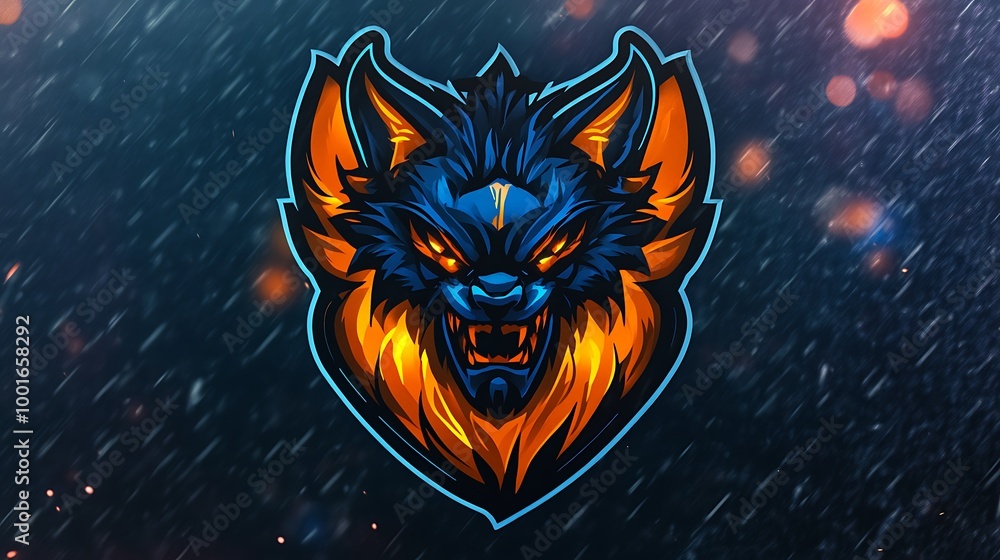 Canvas Prints Fierce Blue and Orange Wolf Mascot with Rain and Lights Background for Gaming Logo or Emblem