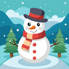 A cheerful snowman with a red scarf and a black hat, standing in a snowy landscape with two pine trees. This adorable illustration is perfect for winter holidays, greeting cards.
