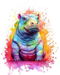 Experience the beauty of a multicolor baby hippo watercolor through Safari Artwork