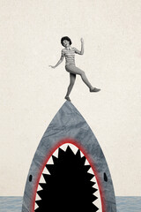 Vertical photo collage of happy girl stand sharp fish nose summer vacation danger ocean hunt wild...